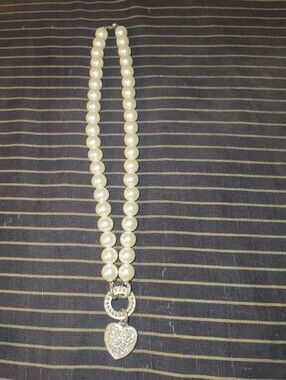 Vintage NVC Signed Faux Pearl Necklace Rhinestone Puffy Heart Pendant